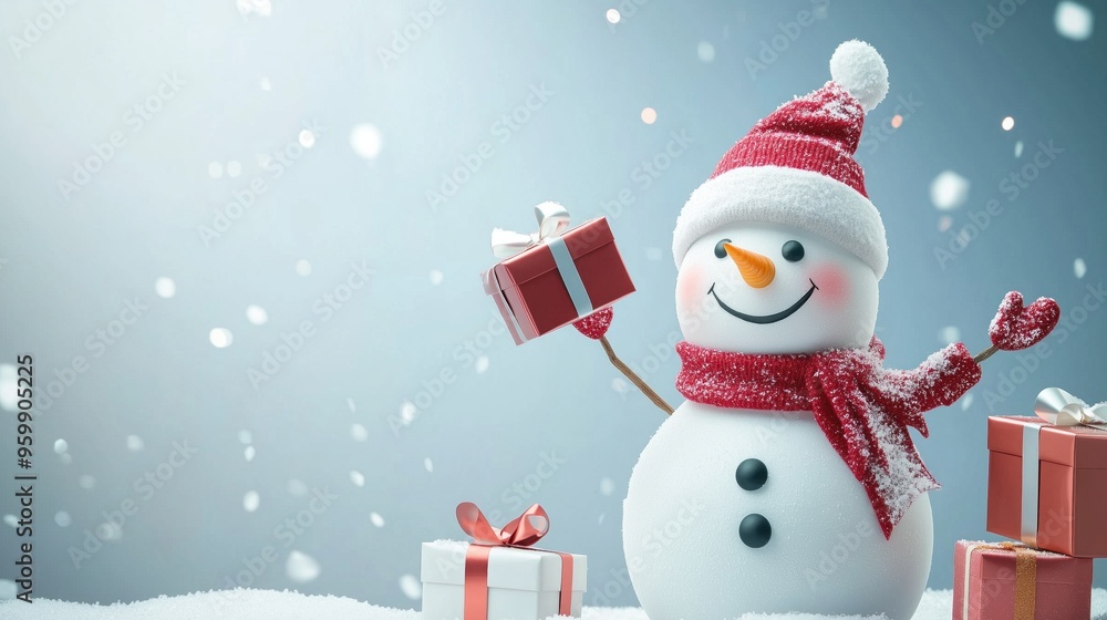 Snowman in a red hat and scarf holding a gift in a snowy winter scene, celebrating the holiday season Snowman in a red hat and scarf holding a gift in a snowy winter scene, celebrating the holiday season
