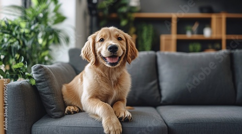 Happy Golden Retriever Puppy Relaxing on a Beige Sofa