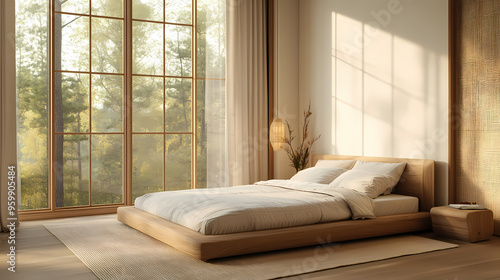 Serene minimalist bedroom with Japandi design and natural light.