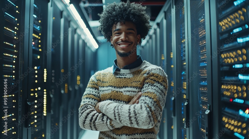 © Mark - IT engineer with a bearded head and crossed arms posing in middle of a rack of server computers in a data center server room.