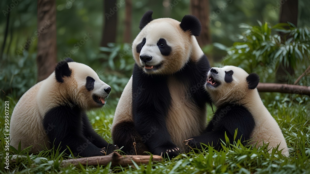 Obraz premium A group of pandas are seen enjoying a relaxing day together in the forest, showcasing their playful nature and the joyous moments of their daily lives in the wild.