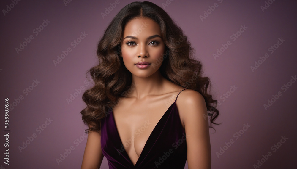 Elegant Woman in Velvet Dress Against Purple Background Elegant Woman in Velvet Dress Against Purple Background