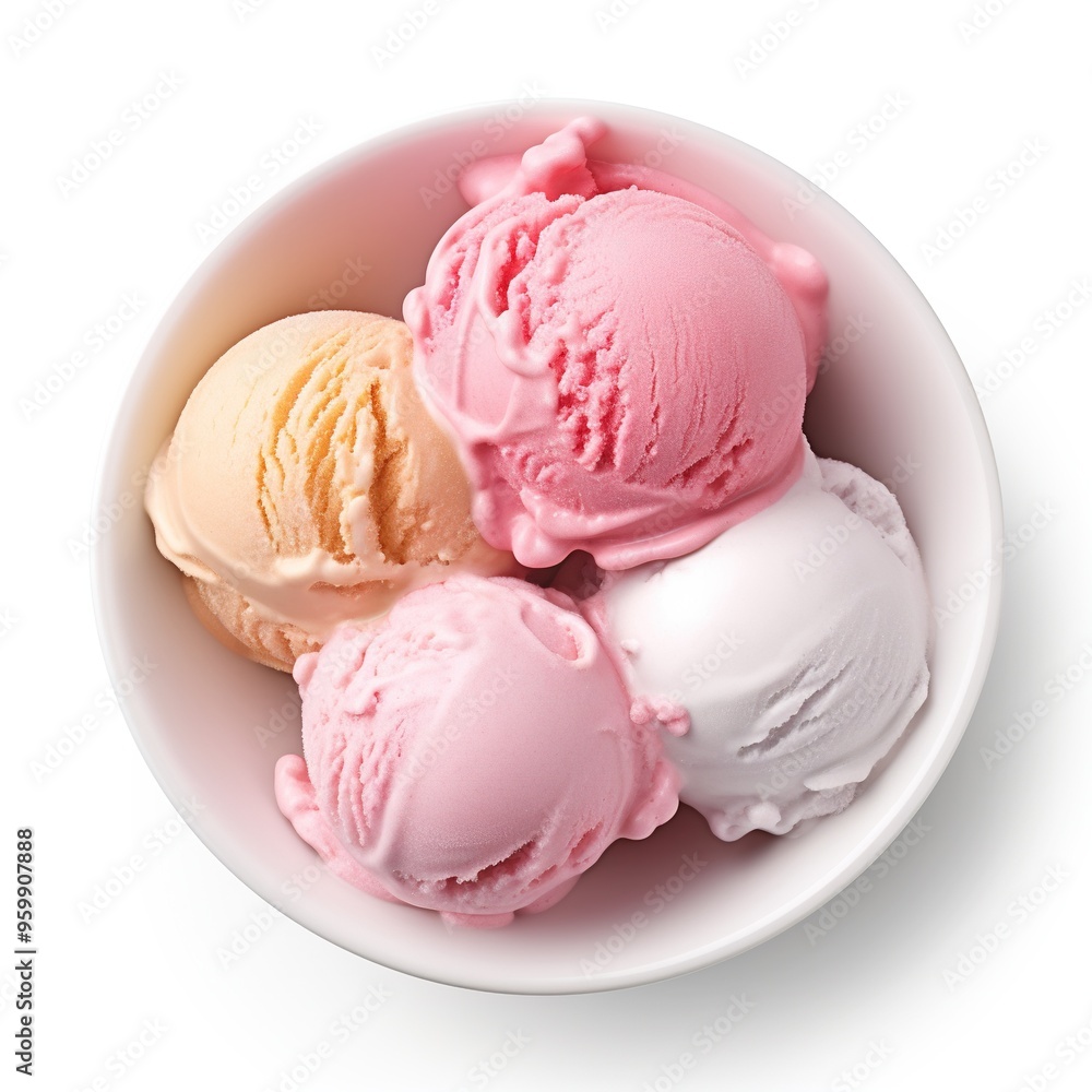 Multi flavour ice cream in a white bowl top view isolated on a white background Multi flavour ice cream in a white bowl top view isolated on a white background