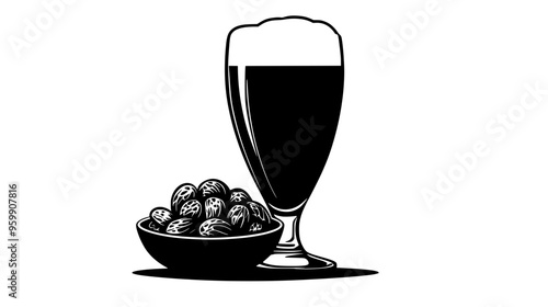 Bowl of nuts placed beside a tall glass of dark beer