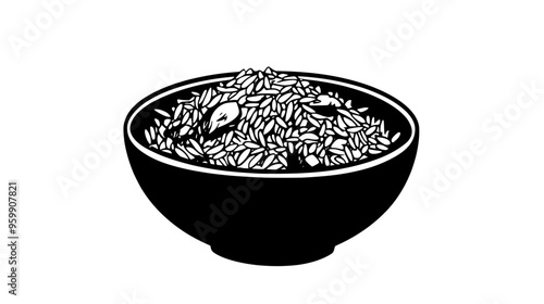 Bowl of biryani rice with aromatic spices, mixed with vegetables and chunks of meat