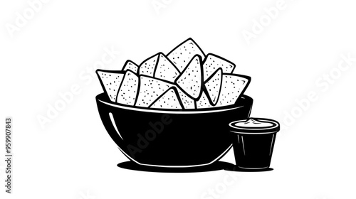 Bowl of chips with a container of dip on the side