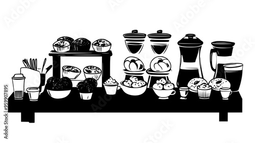 Buffet table with assorted breakfast items, such as bagels, muffins, and coffee dispensers