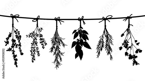 Collection of dried herbs hanging from a string against a plain background