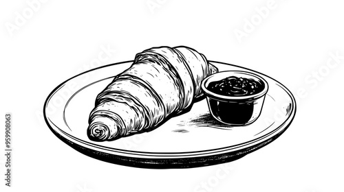 Croissant on a plate with a small pot of jam beside it