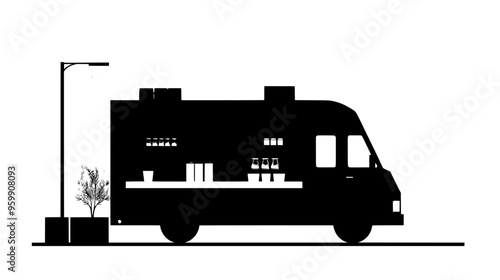 Food truck parked with open serving window, counter clean, against a neutral urban backdrop