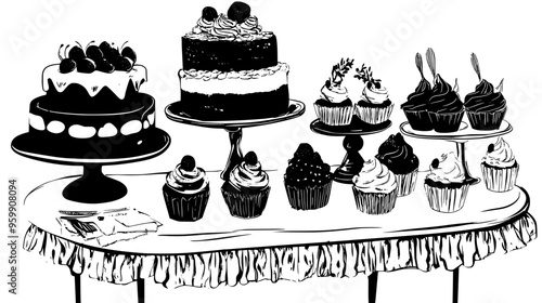Display of assorted wedding desserts, including cupcakes and small cake, arranged on decorated table
