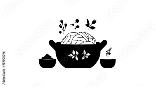 Fermenting crock with cabbage surrounded by small bowls of spices