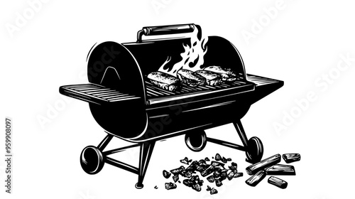 Food inside a smoker grill with smoke rising, wood chips scattered nearby