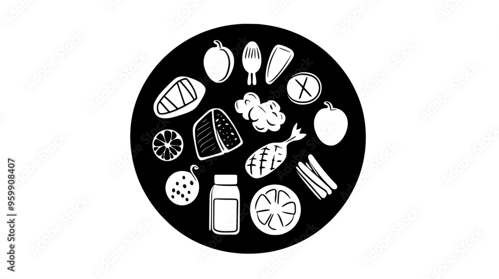 Plate with small portions of various functional foods, labeled and neatly arranged Plate with small portions of various functional foods, labeled and neatly arranged