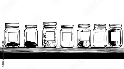 Row of glass jars with labels indicating various ingredients displayed on a wooden shelf
