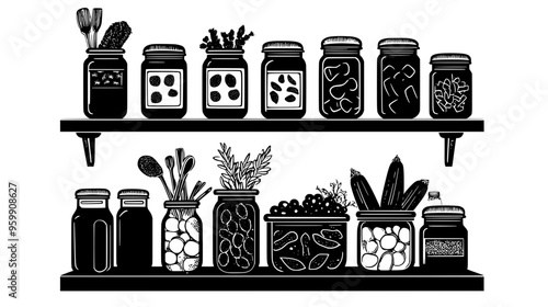 Shelf with jars of preserved foods indicating farm sources