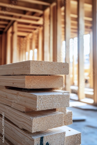 stack of sustainable wooden boards in a framed building structure, highlighting the use of eco-friendly materials in modern construction practices photo