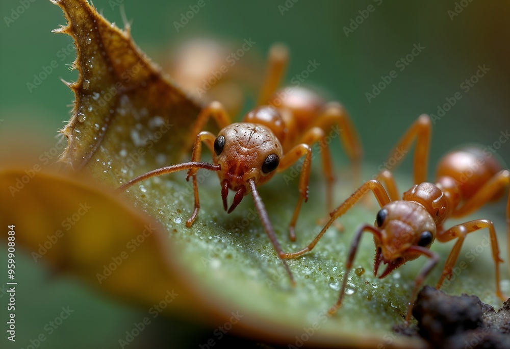 Three ants standing on a leaf showcasing teamwork and nature's intricate details Three ants standing on a leaf showcasing teamwork and nature's intricate details