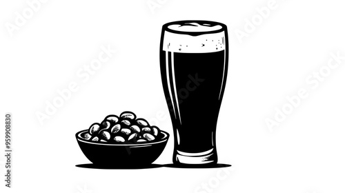 Bowl of nuts placed beside a tall glass of dark beer