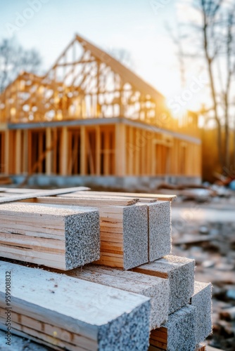 wooden house frame under construction at sunset with insulated lumber in foreground, sustainable building materials, modern eco-friendly home construction