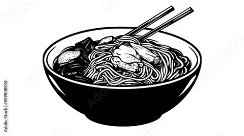 Bowl of chow mein noodles mixed with stir-fried vegetables and slices of chicken
