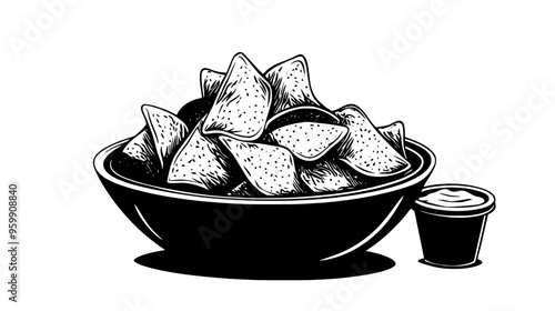 Bowl of chips with a container of dip on the side