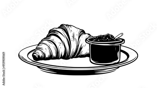 Croissant on a plate with a small pot of jam beside it