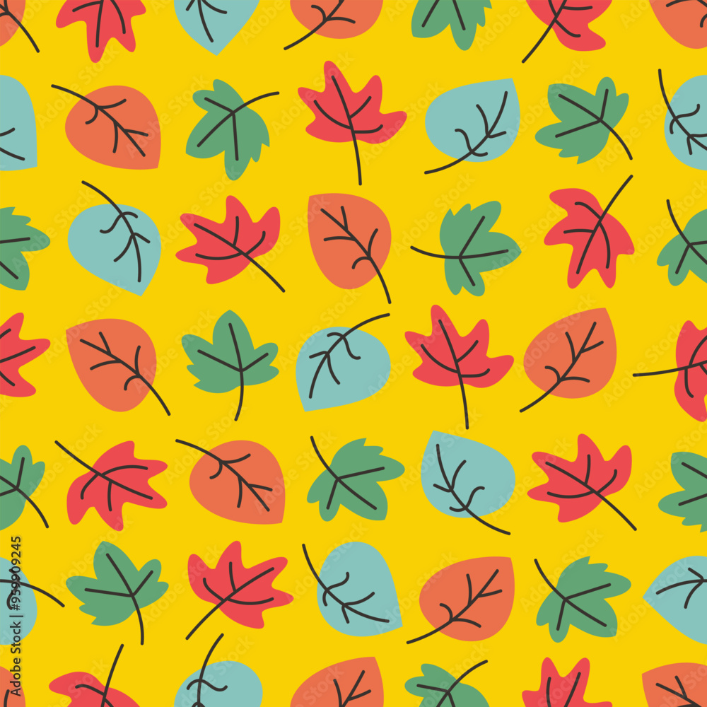 Cute colorful autumn leaves on yellow background. Seamless pattern of red, orange, blue and green leaves in doodle style. Vector illustration Cute colorful autumn leaves on yellow background. Seamless pattern of red, orange, blue and green leaves in doodle style. Vector illustration