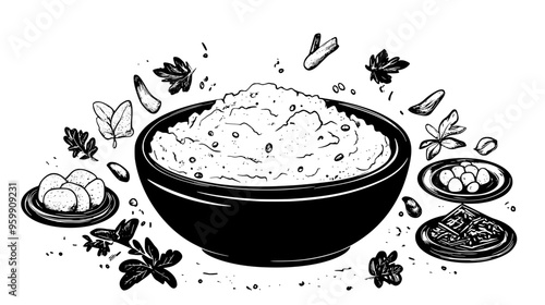 Large bowl of mashed potatoes surrounded by small plates of traditional comfort food sides