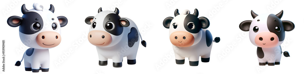 Set of 3D rendered illustration cartoon Cow isolated on white and Transparent Background Set of 3D rendered illustration cartoon Cow isolated on white and Transparent Background