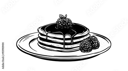 Small stack of pancakes with syrup drizzled over and a side of fruit