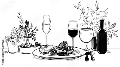 Plated meal with main course and side dishes, set on table with wedding decorations