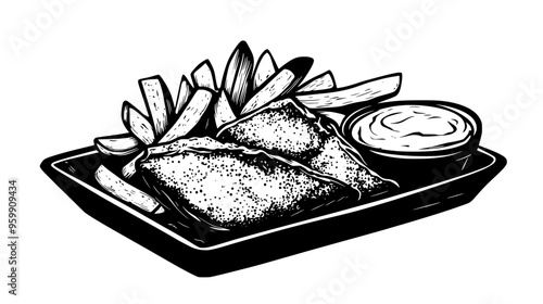 Fish and chips with dip on a rectangular dish