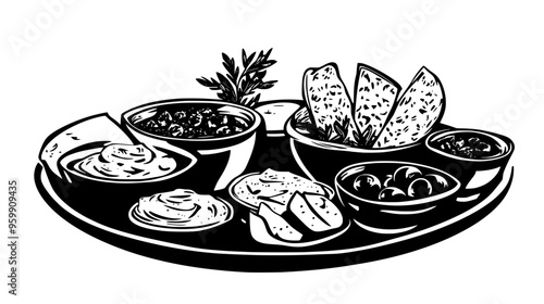 Mezze platter with olives, dips, and flatbreads