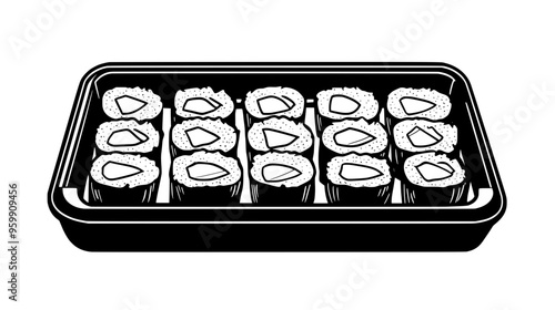 Sealed container of sushi rolls arranged neatly with individual compartments for wasabi and soy sauce