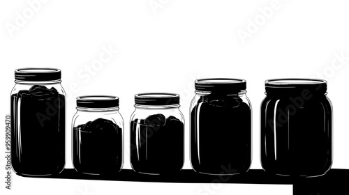 Row of sauerkraut jars in varying sizes on a plain kitchen counter