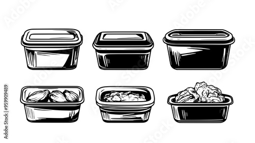 Set of stainless steel containers filled with leftover food arranged on a flat surface