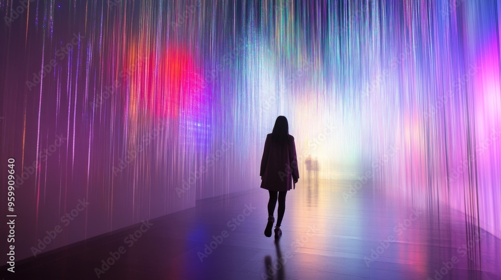 A person walking through a room where interactive art pieces respond to sound, creating a symphony of lights and visuals. A person walking through a room where interactive art pieces respond to sound, creating a symphony of lights and visuals.