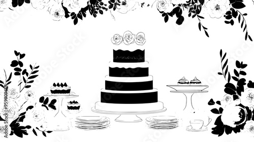 Wedding cake surrounded by dessert plates, set on table with floral arrangement