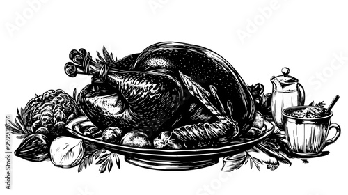 Wallpaper Mural Turkey resting on a platter with garnish, surrounded by various sides and table setting Torontodigital.ca