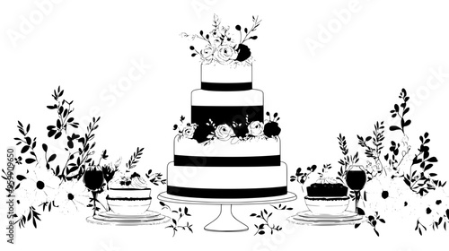 Wedding cake surrounded by dessert plates, set on table with floral arrangement