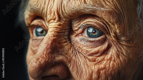 A photorealistic depiction of an elderly person's face with deep wrinkles, each line telling a story experiences.