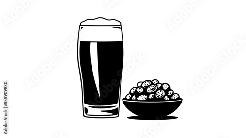 Bowl of nuts placed beside a tall glass of dark beer