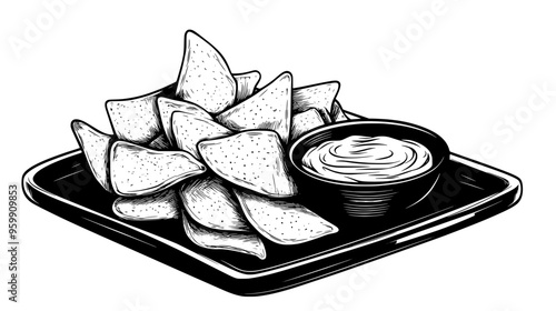 Bowl of chips with a small bowl of dip on a rectangular tray