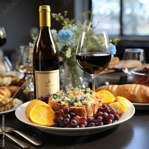 Table setting image. A bottle of wine and filled glasses, fruits and berries.