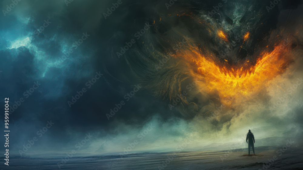 Fototapeta premium Solitary Observer Confronts Fiery Phoenix Explosion in Surreal Seascape