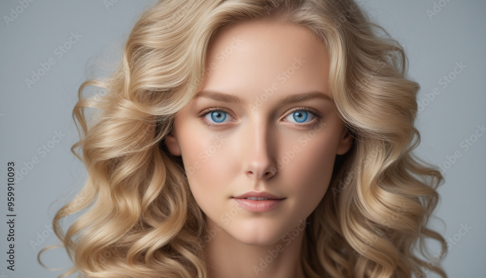 Close-Up of beautiful young woman with Curly Hair and blue eyes in Soft Focus Background Close-Up of beautiful young woman with Curly Hair and blue eyes in Soft Focus Background
