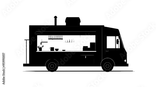 Food truck parked with open serving window, counter clean, against a neutral urban backdrop