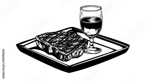 Grilled steak arranged beside a glass of whiskey on a serving tray