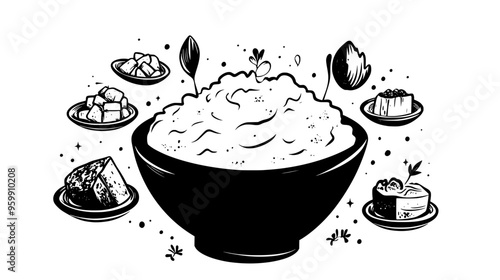 Large bowl of mashed potatoes surrounded by small plates of traditional comfort food sides